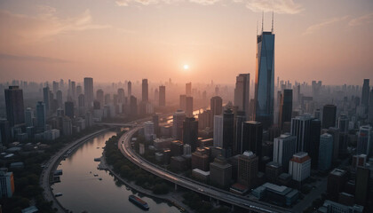 Obraz premium Warm sunlight bathes the modern cityscape of highlighting prominent skyscrapers and a gently curving river amidst the urban expanse at dawn.