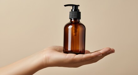 Hand holding a brown glass pump bottle for skincare products