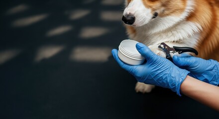 Corgi receiving grooming treatment with clippers and pet care products
