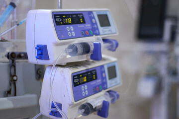 Closeup lovely little newborn baby infant lying in incubators for newborns, Newborn baby having the the breathing problem after birth, newborn in NICU, Neonatal intensive care unit.