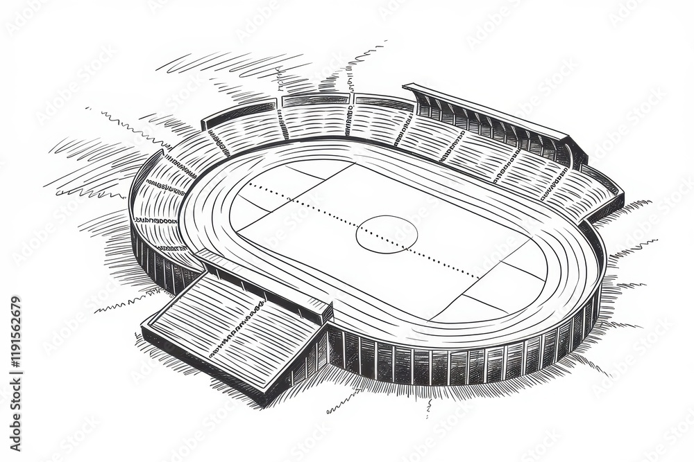 Poster stadium sketch showing seating and playing field