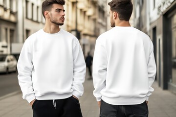 Two young men wearing white sweatshirts mockup, standing back to back on a city street. The scene captures a modern urban environment with buildings and parked cars in the background.