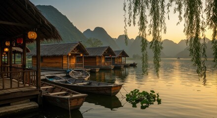 Obraz premium Tranquil lakeside scene, traditional Asian wooden boats, floating pier, thatched roof pavilions, willow tree, golden sunset light, misty mountains in background, reflective water surface, serene atmos