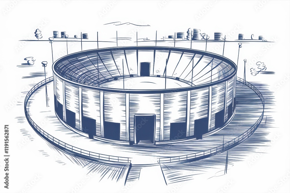 Poster sketch of a circular stadium with surrounding pathway