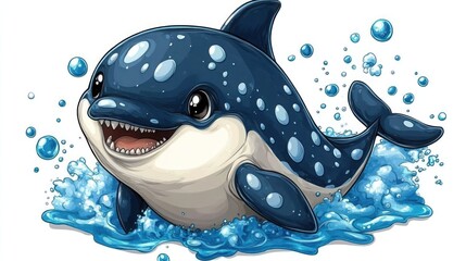 Adorable cartoon dolphin splashing in blue water, happy expression, white background.