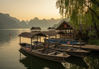 Tranquil lakeside scene, traditional Asian wooden boats, floating pier, thatched roof pavilions, willow tree, golden sunset light, misty mountains in background, reflective water surface, serene atmos