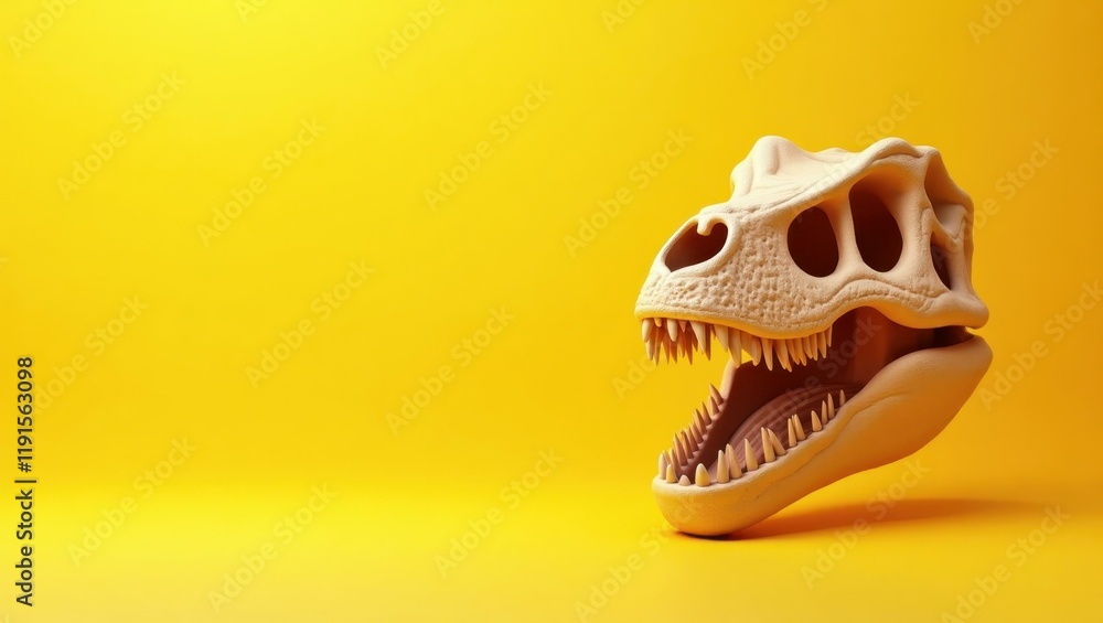 Poster sandstone t-rex skull on left. soft pink background. copy space for text, 3d render ai generated des