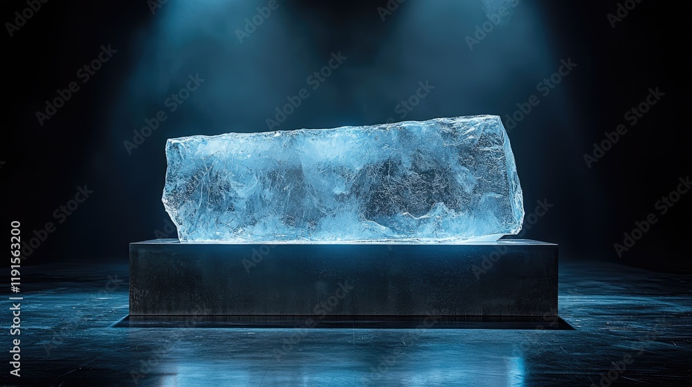 Poster a large block of ice rests on a dark platform