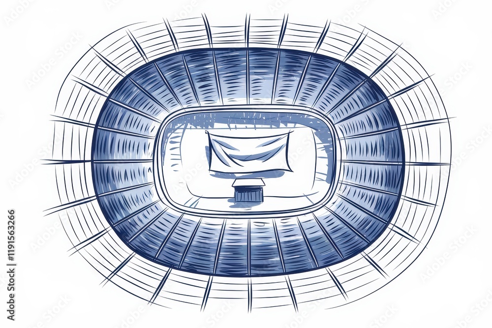 Poster an overhead view of an empty stadium with a single banner