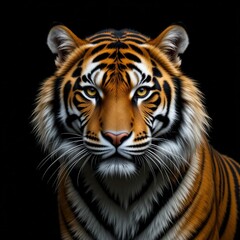 Fototapeta premium Tiger Portrait Against a Black Background – Majestic Wildlife in Dramatic Lighting