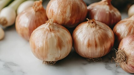 Brown onions arranged on a marble surface