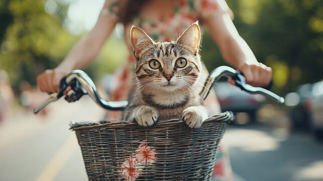 Closeup of domestic cat pet animal in a vintage retro old classic bicycle basket, female owner or young woman in a floral dress riding a bike on a road street outdoors on sunny summer day.