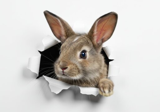 Realistic rabbit portrait, paper breakthrough effect, curious bunny face, large ears, textured fur, white background, 3D illusion, whimsical animal art, photorealistic detail, trompe l'oeil, soft ligh