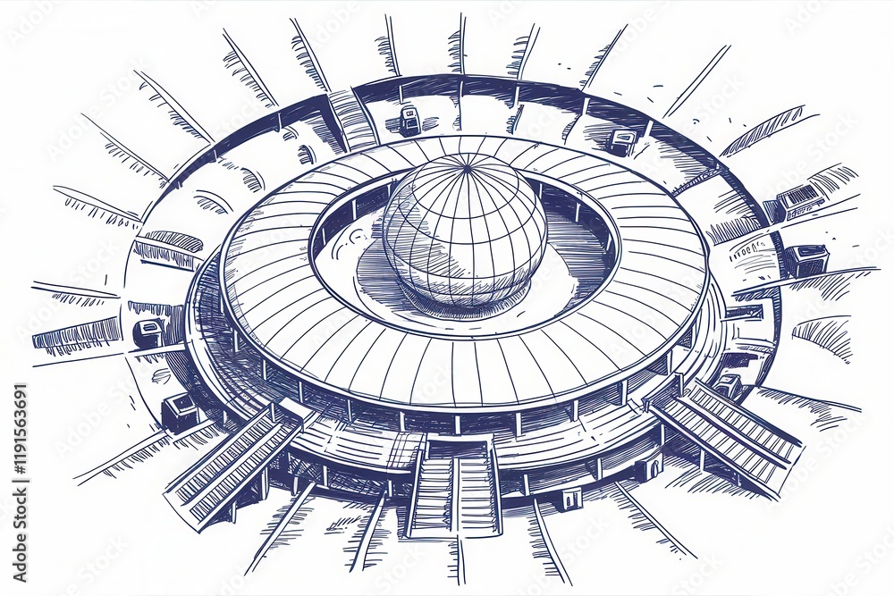 Poster aerial view of a circular building with a globe