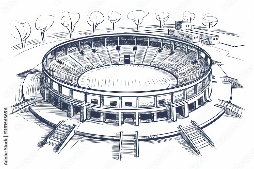 Aufkleber sketch of a circular amphitheater with surrounding buildings and trees