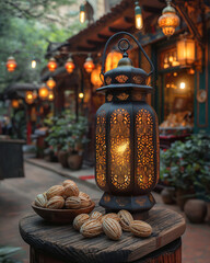 Still life with lantern and candles, islamic background