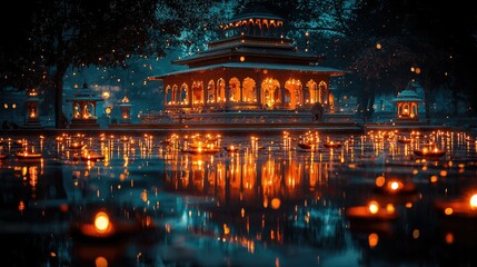 Fototapeta premium Illuminated Pavilion Reflecting in Calm Water at Night