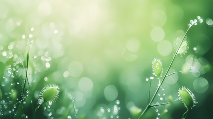Obraz premium Close-up of a dewy sundew plant with a blurred green background. Sundew. Illustration