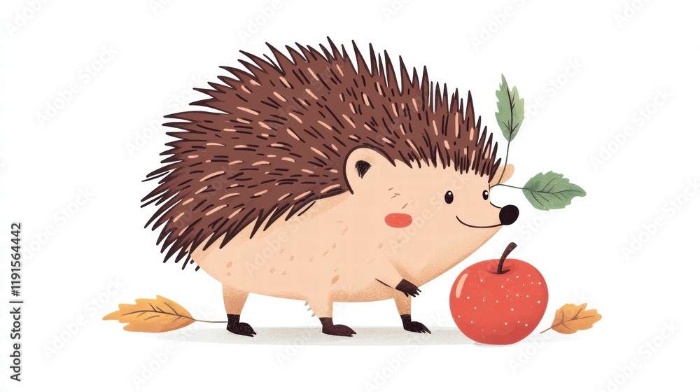 Aufkleber Hedgehog carrying a bright red apple with green leaves on its back in a playful and whimsical setting. Generative AI