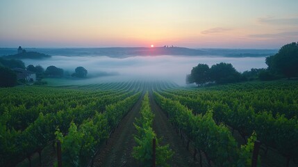 Sunrise over Misty Vineyard Rows and Distant Hills
