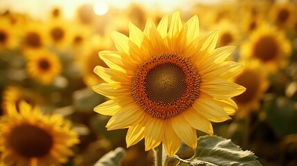 Fototapeta premium Golden Sunflower Field Basking In Sunset Light