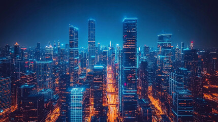 Obraz premium Urban skyline illuminated at night with vibrant lights in a modern city landscape