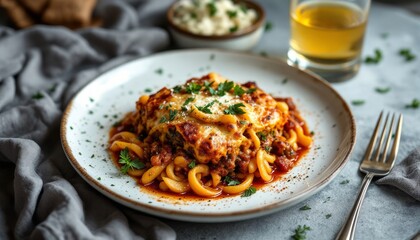 Delicious lasagna with pasta and red sauce in a grey table setting with drink