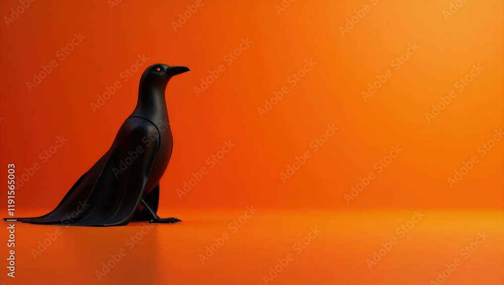 Poster obsidian black raven figure on left. soft yellow background. copy space for text, 3d render ai gener