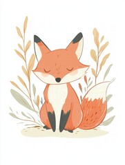 Illustrated fox quietly sitting among simple, minimalist leaves in a tranquil and serene environment. Generative AI