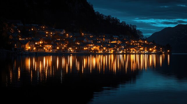 Nighttime village lights reflecting on calm water
