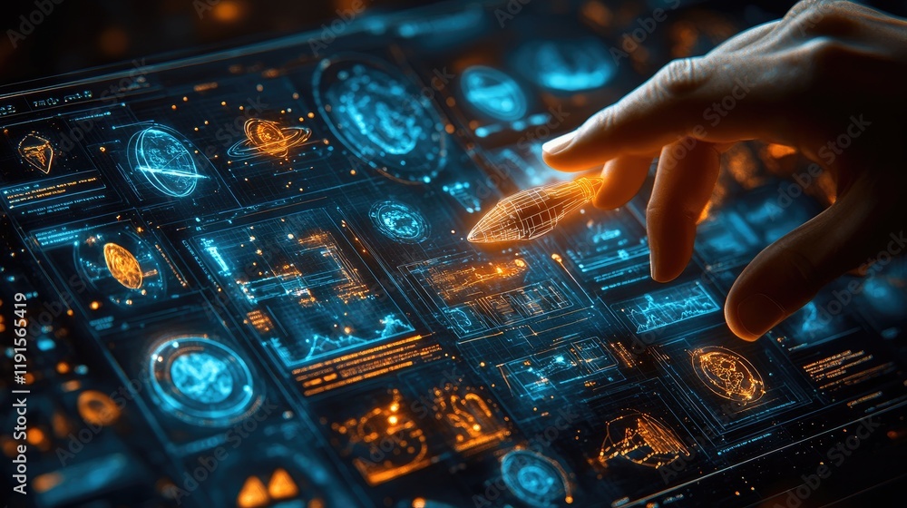 Poster a hand interacts with futuristic holographic data display