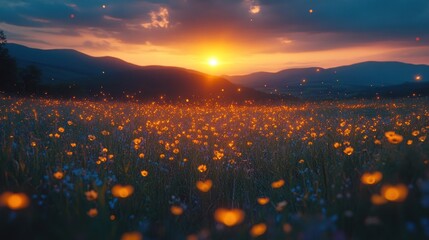 Glowing Flowers Sunset Mountain Meadow Landscape