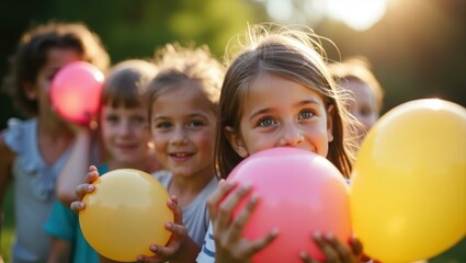 Excitement evident in childrenâ€™s eyes as they plot their next water balloon move, Professional stock photo, AI generated photograph