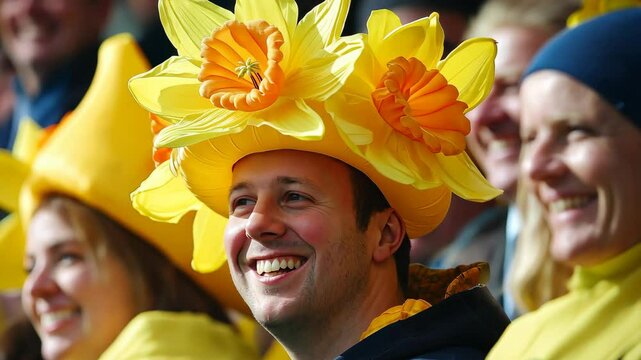 Man in Daffodil Hat Celebrating St. David's Day
