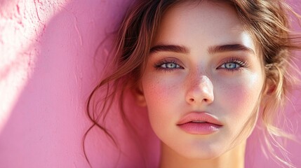 Close-up portrait of a young woman with freckles and blue eyes against a pink background.