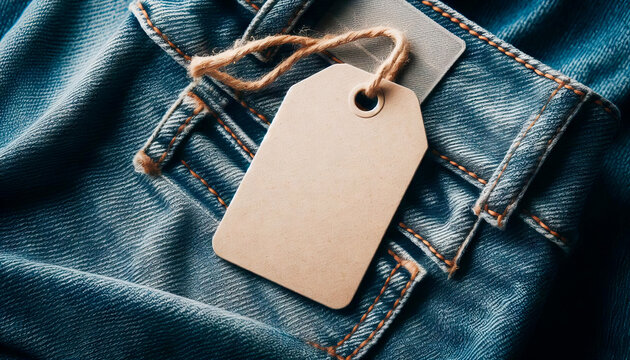 A tag is hanging from a blue pair of jeans