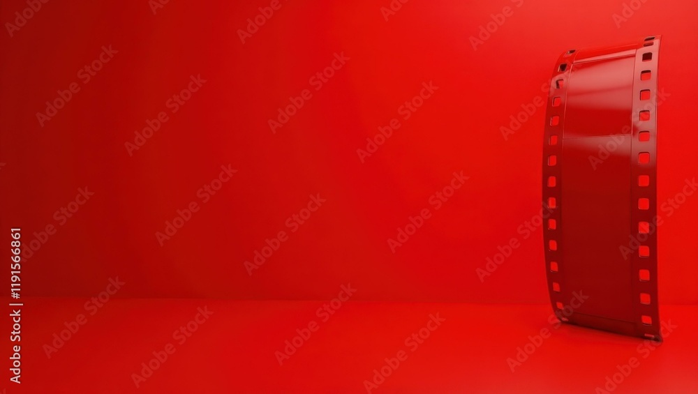Poster rich cherry red animation film strip on right. soft red background. copy space for text, 3d render a
