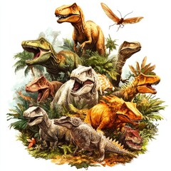 Dinosaurs Roaming in a Lush Jungle Surrounded by Prehistoric Insects - Educational Illustration