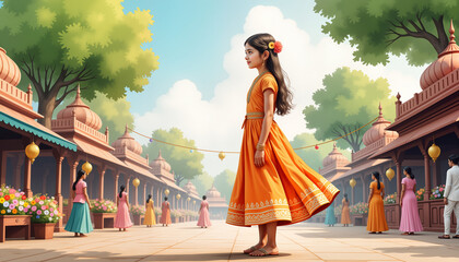 Fototapeta premium Joyful Indian girl celebrating in vibrant village square, festive spirit