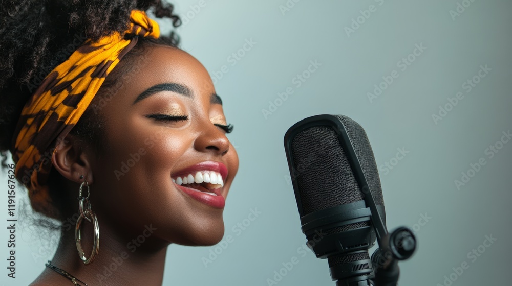 Poster young female singer with closed eyes enjoying singing a song in a recording studio with a profession