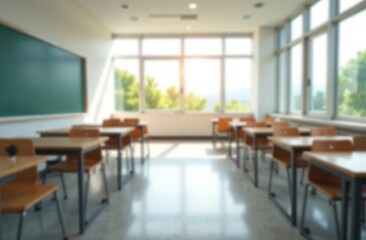 Fototapeta premium Beautiful blurred background of bright classroom and study room with panoramic windows and beautiful lighting. Blurred Empty school background
