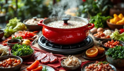 A vibrant hot pot meal with an array of fresh ingredients displayed around a central red pot