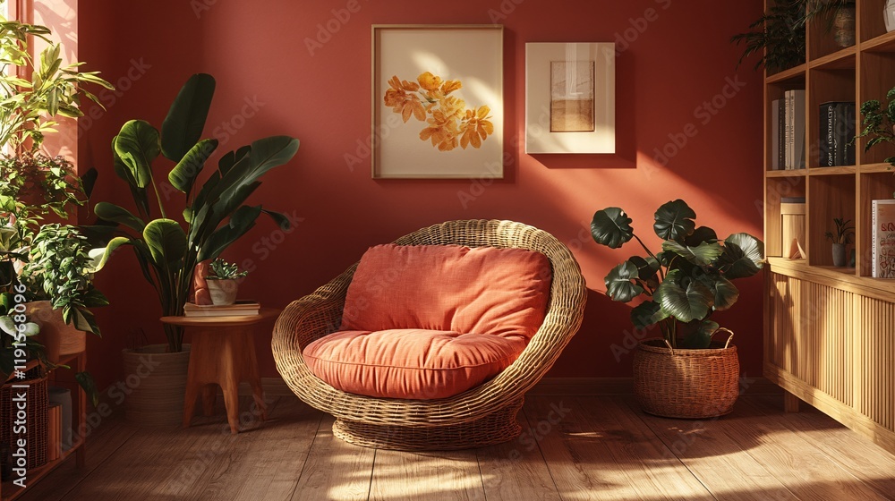 Sticker Cozy seating area with warm colors and lush plants creating a serene atmosphere