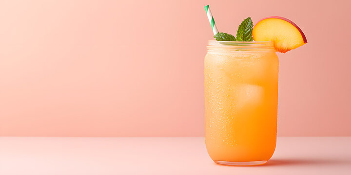 Refreshing peach iced drink in a mason jar with a peach slice and mint garnish. Perfect for a summer day!