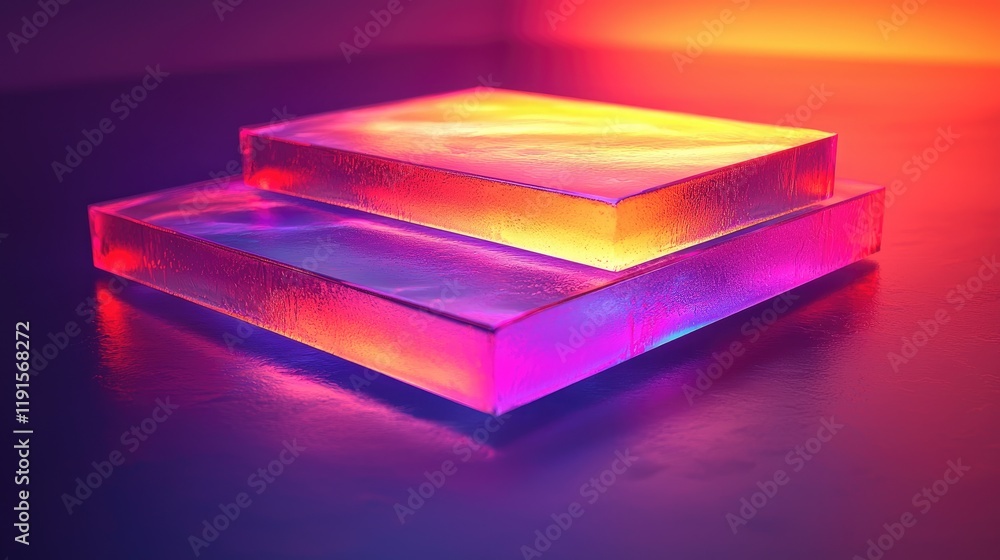 Poster two translucent blocks illuminated with vibrant colors
