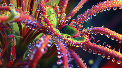 A close-up of a vibrant sundew plant with dew droplets, showcasing its insect-trapping structure. Sundew. Illustration