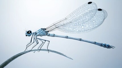 Close-up of a delicate blue damselfly perched on a slender blade of grass against a soft, light background.