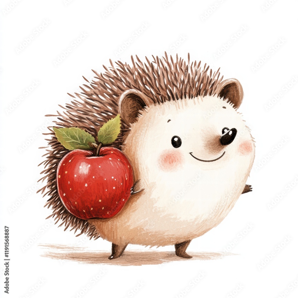 Aufkleber charming hedgehog happily carries a bright red apple on its back in a playful illustration. generati