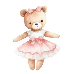 Cute teddy bear ballerina. Ballet dancer. Animal watercolor illustration.
