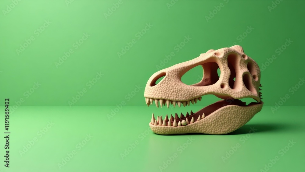 Poster sandstone t-rex skull on left. soft pink background. copy space for text, 3d render ai generated des